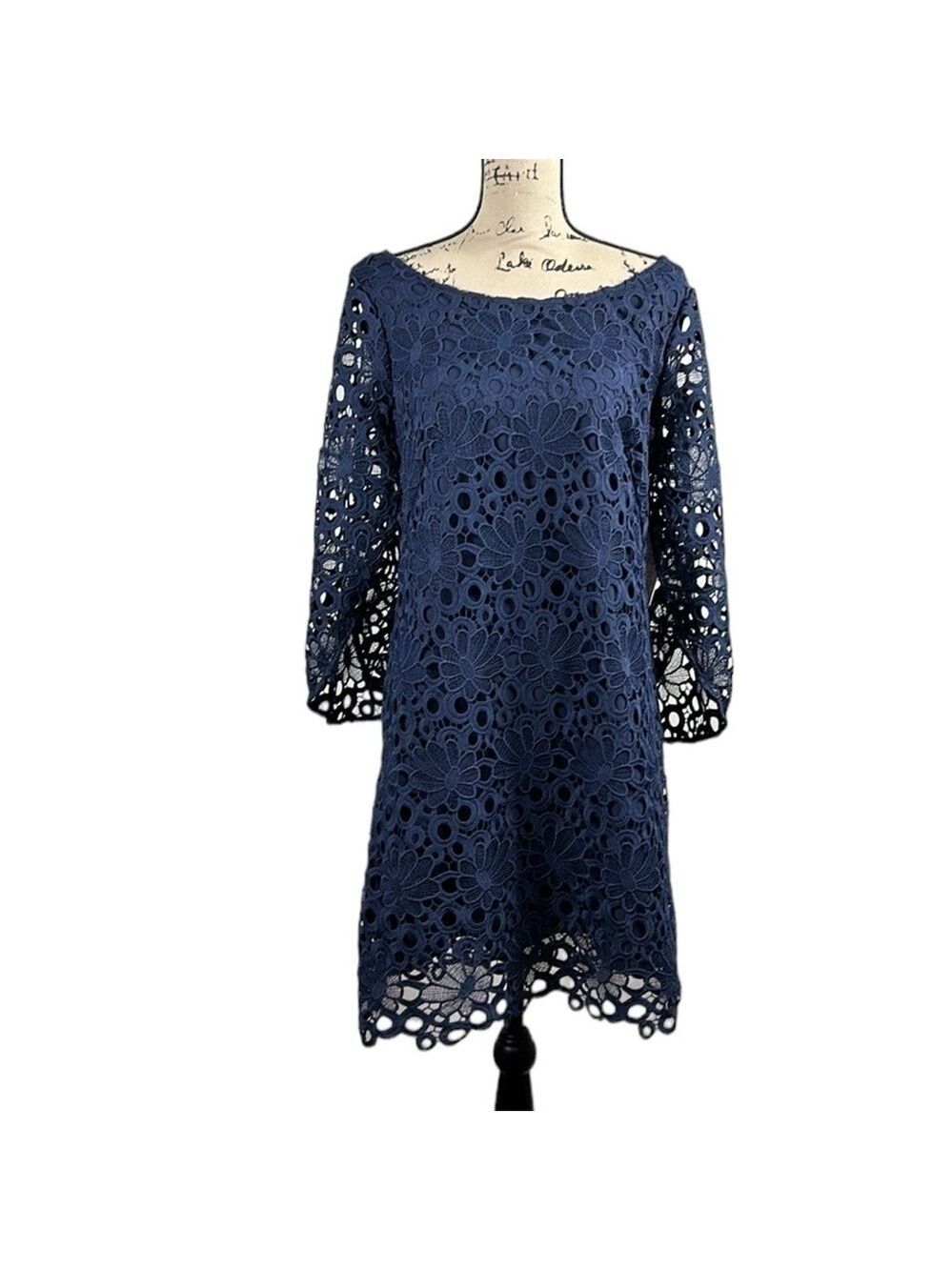 Nanette Lepore Dark Navy Crochet Eyelet Split Bell Sleeve Shift Dress Size 12